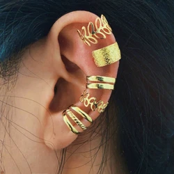 Pendientes de Clip de cartílago falso para hombres y mujeres, joyería de tendencia creativa, Color dorado Vintage, hojas, manguito de oreja sin perforación, 5 piezas por lote