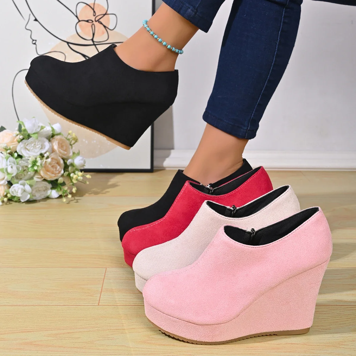 Wedges Women Ankle Boots Platform Casual Shoes Women Spring Fashion Sweet Short Boots with Ultra-high Heels Thick Soles Shoes