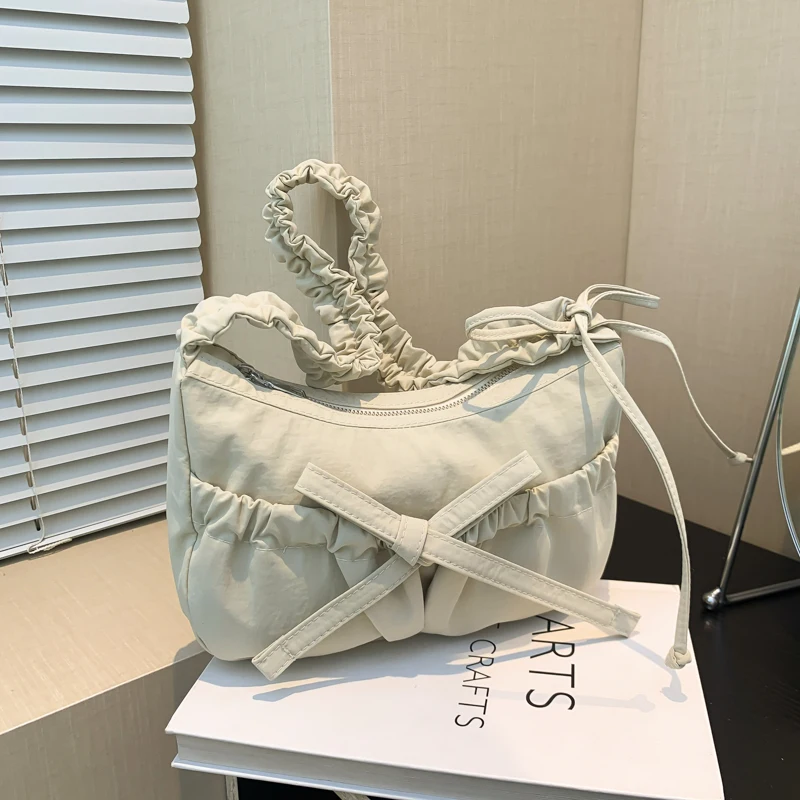 

Women Fashion Shoulder Bag with Ruched Drawstring Strap Bow Simple Crossbody Bag Solid Color Cute Sling Bag Ladies Outdoor Bag