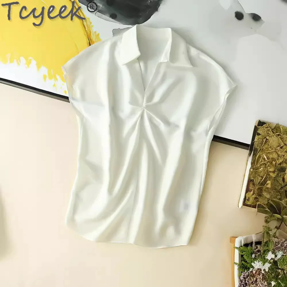 Tcyeek-Blouse en fibre de mûrier pour femme, style fin, vêtements d'été en Y, 7 couleurs, 93%, 2024