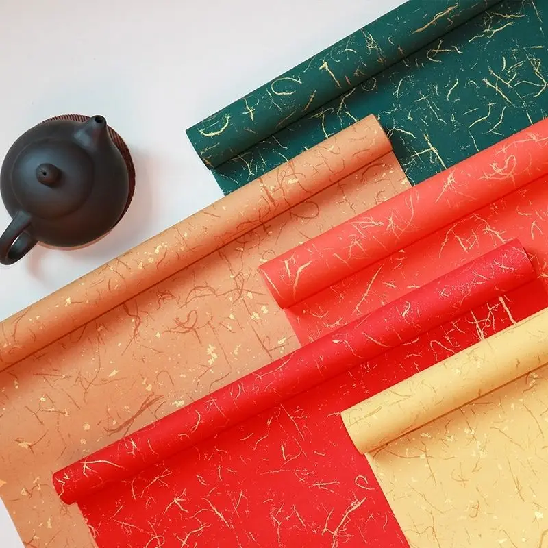 Retro Chinese Rice Paper Vintage Golden Silk Pattern Batik Pastel Letterhead Brush Calligraphy Painting Creation Work Xuan Paper