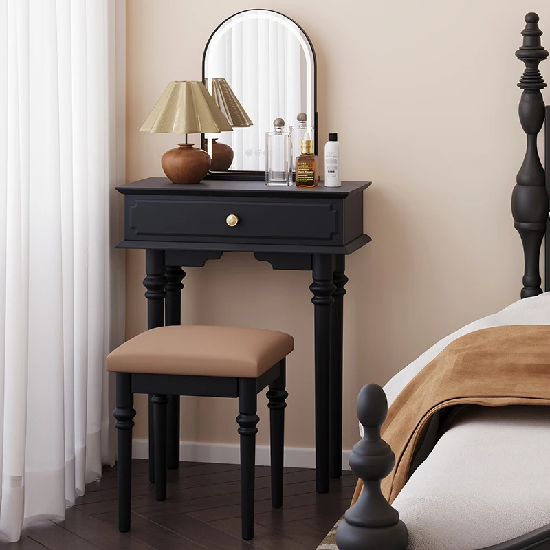 

American retro bedside dresser small bedroom black mini desk makeup table 2-in-1 makeup stool with makeup mirror