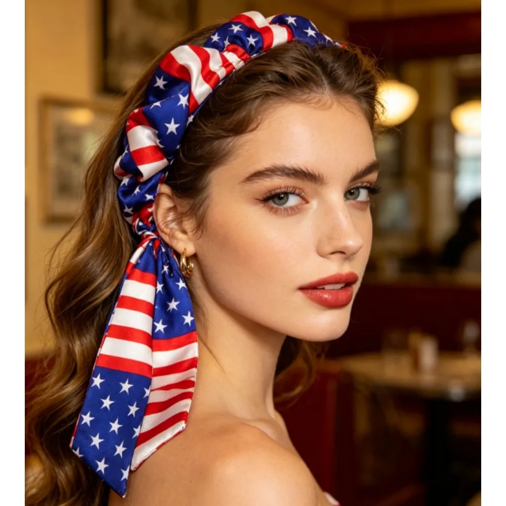 PESENAR American Flag Satin Scrunchie with Streamers, Star-Spangled Print Hair Tie, Patriotic Independence Day Hair Accessory