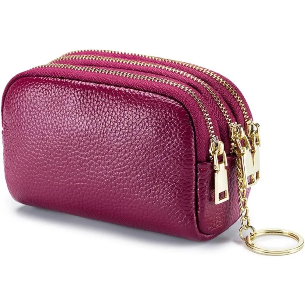 

3 Zippered Genuine Leather Coin Purse Triple Capacity Change Pouch Little Travel Wallet With Key Ring for Women