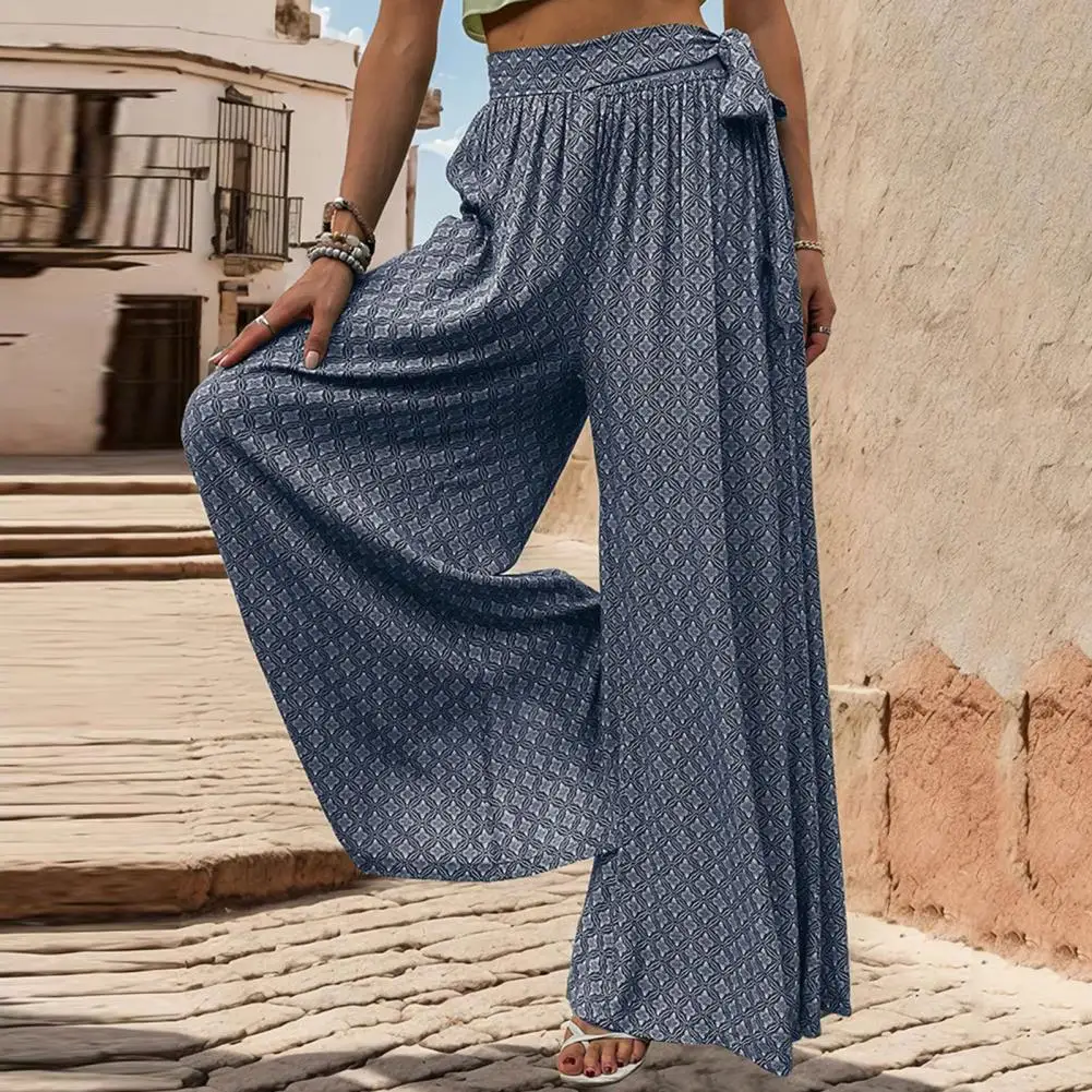 

Spring Summer Pants Stylish Lace-up High Waist Wide Leg Culottes for Women A-line Printed Ankle Length Trousers with Crotch Soft