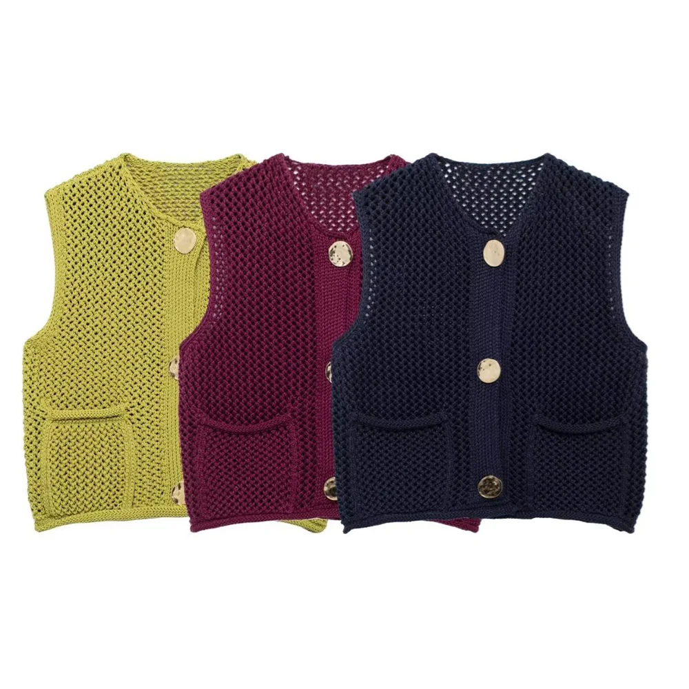

Taop&Za Autumn New Product Women's Fashion Sleeveless Round Neck Pocket Decoration Vest Coarse Knitted Cardigan