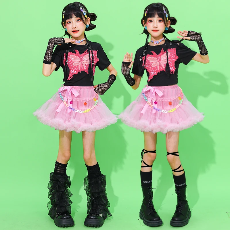 Menina hip hop roupas lantejoulas colheita topos rosa tutu saias criança k-pop streetwear criança jazz menina grupo roupas de dança de rua conjunto