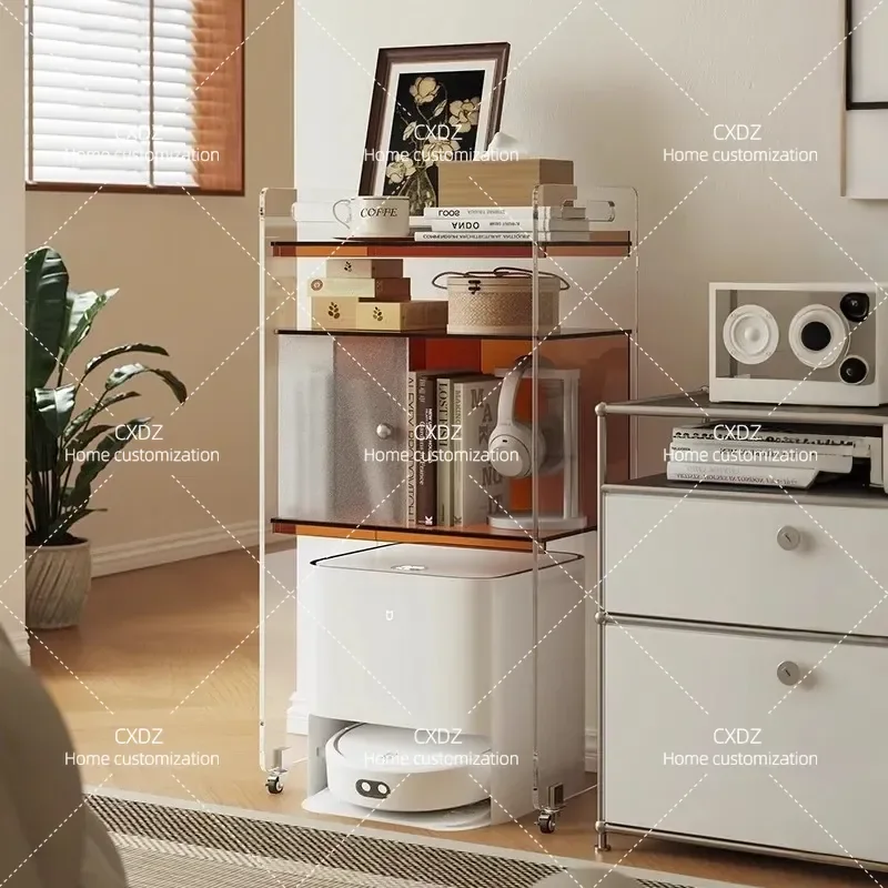 Modern Simple Transparent Acrylic Side Table Movable Storage Cabinet for Living Room Small End Table with Wheels Minimalist