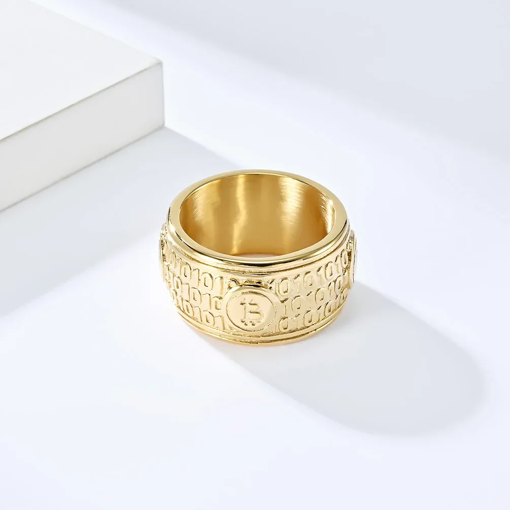 Large Big Stainless Steel Statement Bitcoin Silver Black Gold Plated Ring Hip Hop Jewelry for Men