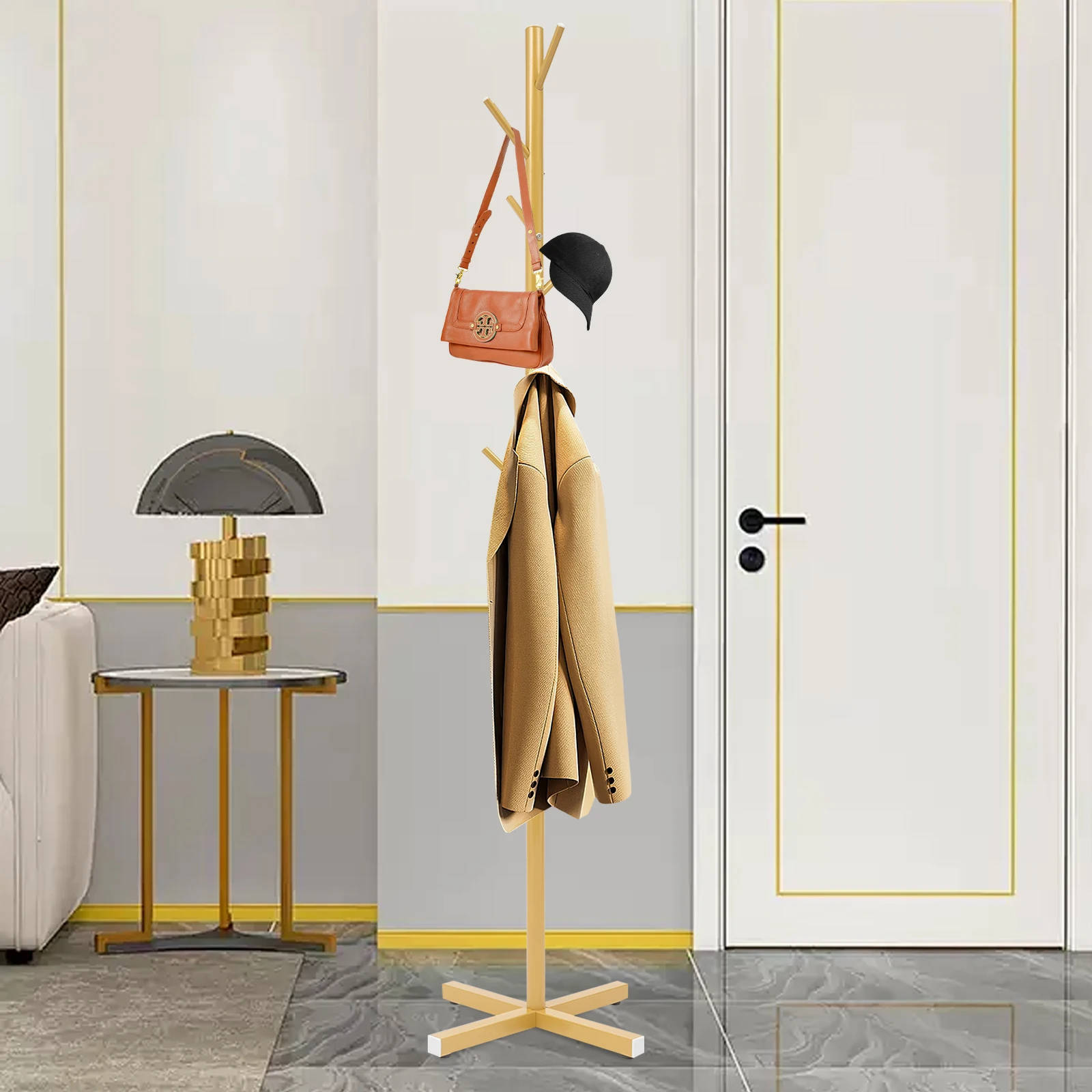 

7 Hook Rods Hat Rests Freestanding Rotated Coat Rack Stand with Four Pulleys for Store, Office, Home, Retail Stores, Flea Market