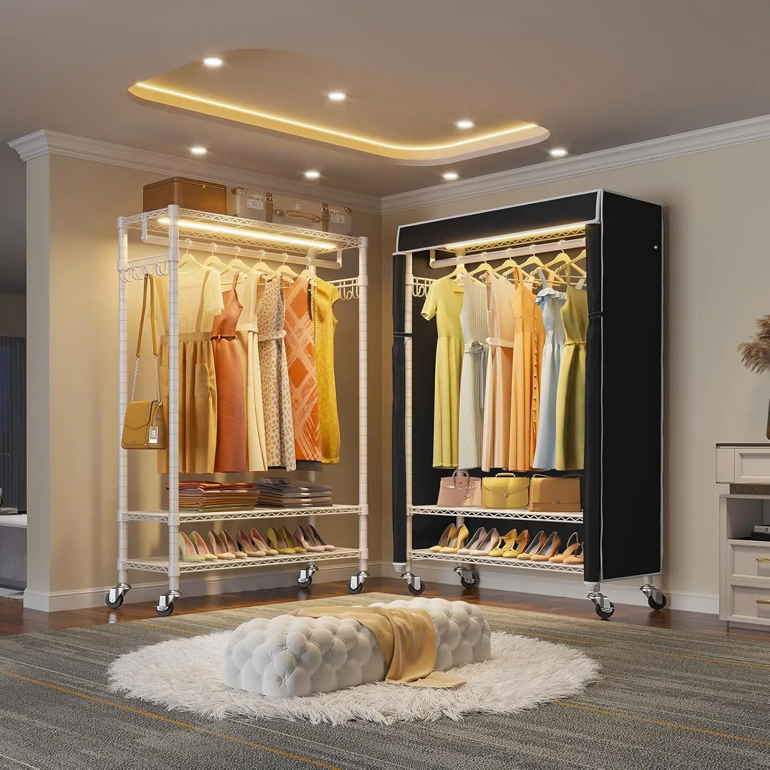 Vipk-R1L Roupas Rack com Tampa, Heavy Duty Garment Rack, Luzes LED Reguláveis, Rolando Armário Portátil para Pendurar