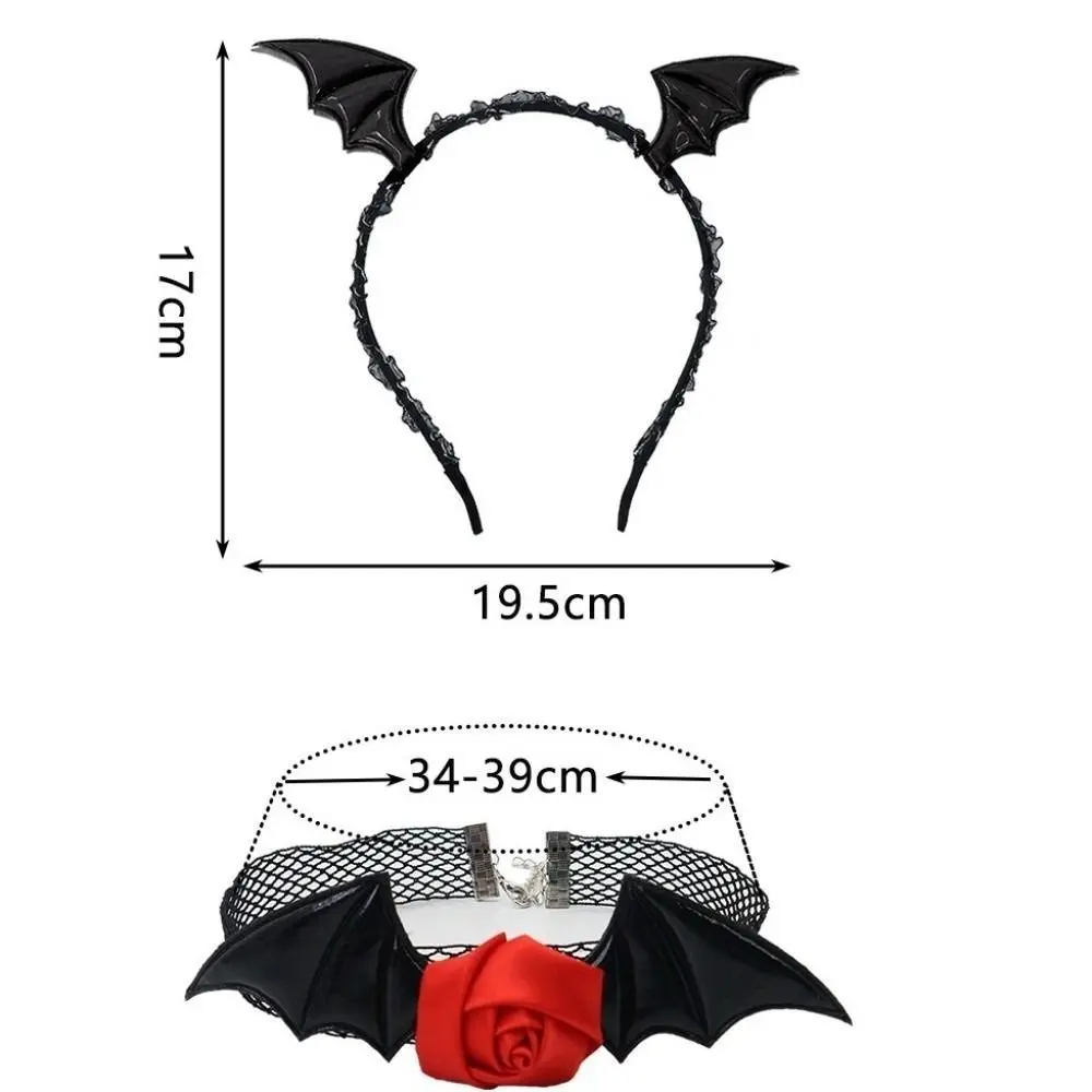 Punk Flower Bat Wings Hairband Mesh PU Leather Headband Necklace Set Lace Gothic Halloween Hair Hoop Kids
