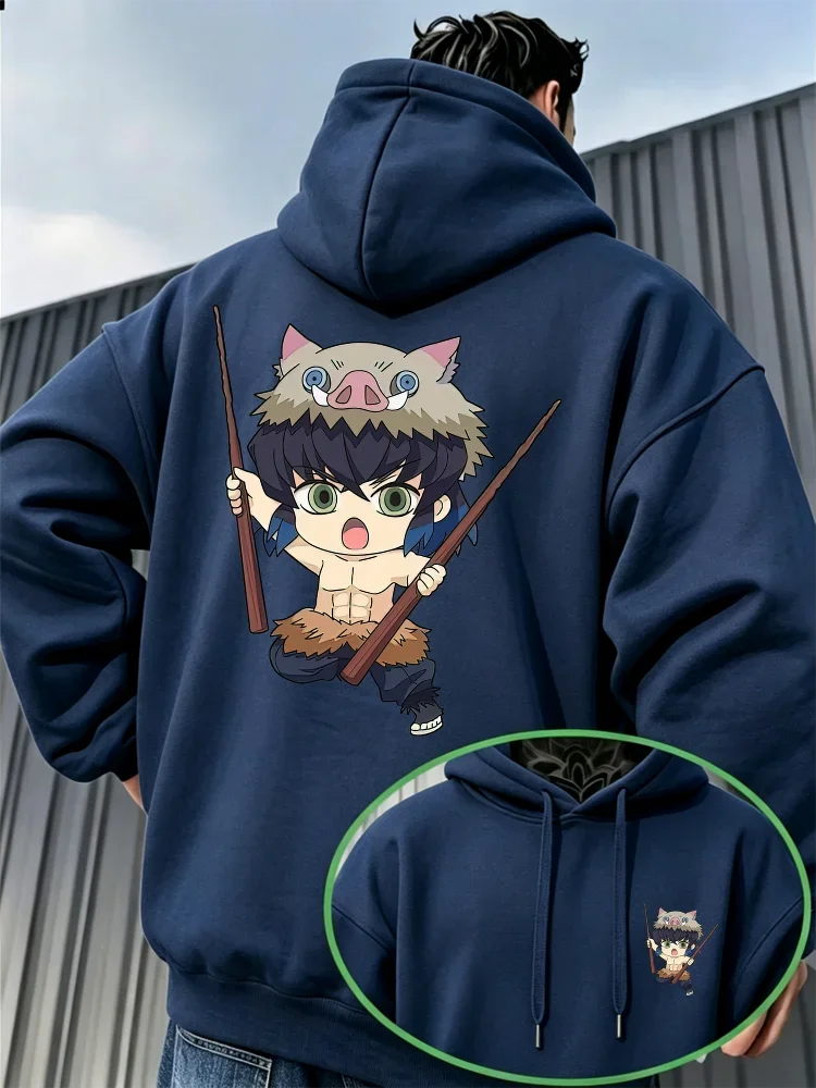 Anime Demon Slayer Inosuke Hoodie Cartoon Character Double Sided Print Casual Pullover Sweatshirt