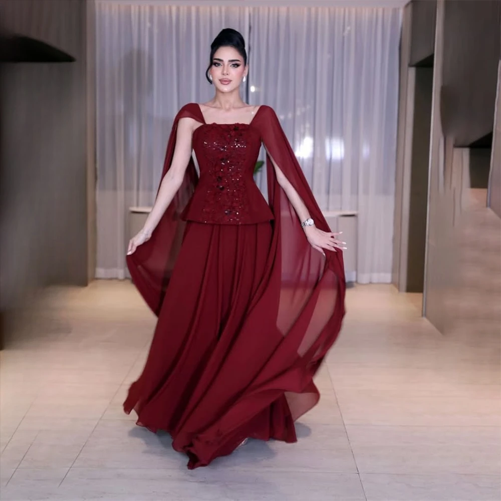 ブルゴーニュ サウジアラビア イブニングドレス カスタマイズ オフショルダー プリーツ アップリケ Aライン フォーマルパーティードレス フロアレングス プロムドレス