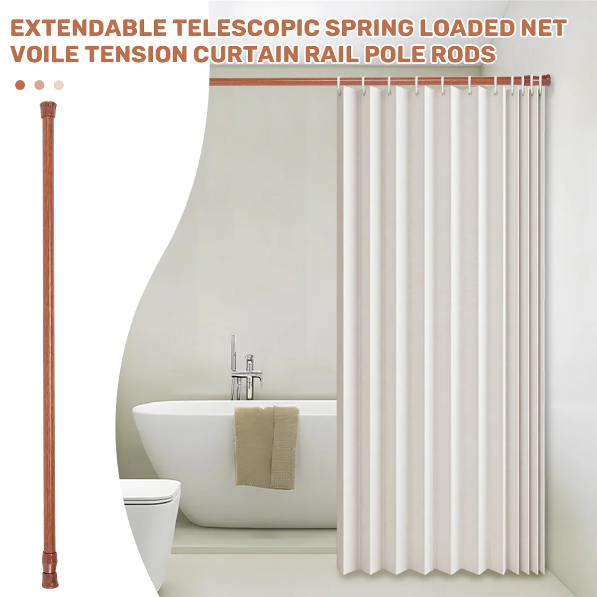 Qualitative! Extendable Telescopic Spring Loaded Net Voile Tension Curtain Rail Pole Rods,55-90Cm,Wood color