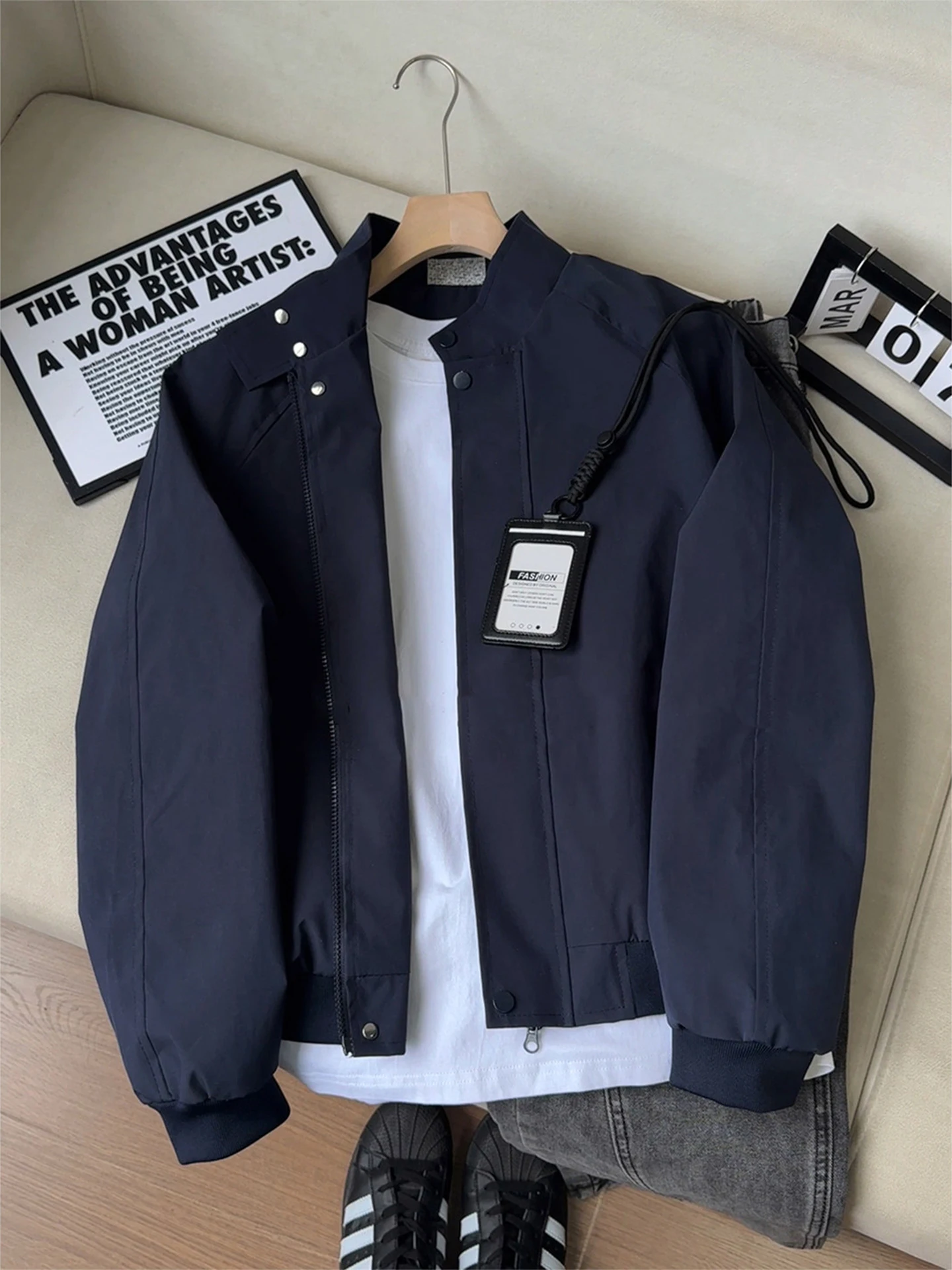 

Мужская демисезонная куртка-бомбер в американском стиле с воротником-стойкой, флисовая, укороченная, деконструированная, для весны и осени