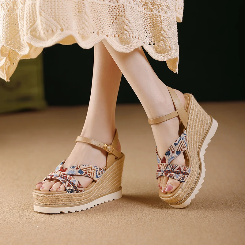 

NEW Handmade Weave Cowhide +Fabric Womens Wedge Sandals, Platform Open Toe Slip On Summer Womens Shoes,Fashion High Heels