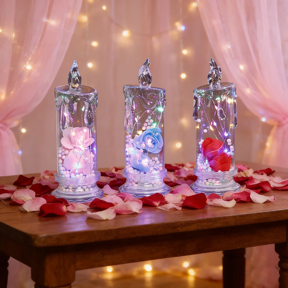 

2шт светодиодные розовые свечи, декоративные ночные огни, идеально подходят для Дня святого Валентина, Рождества и универсальных праздничных украшений