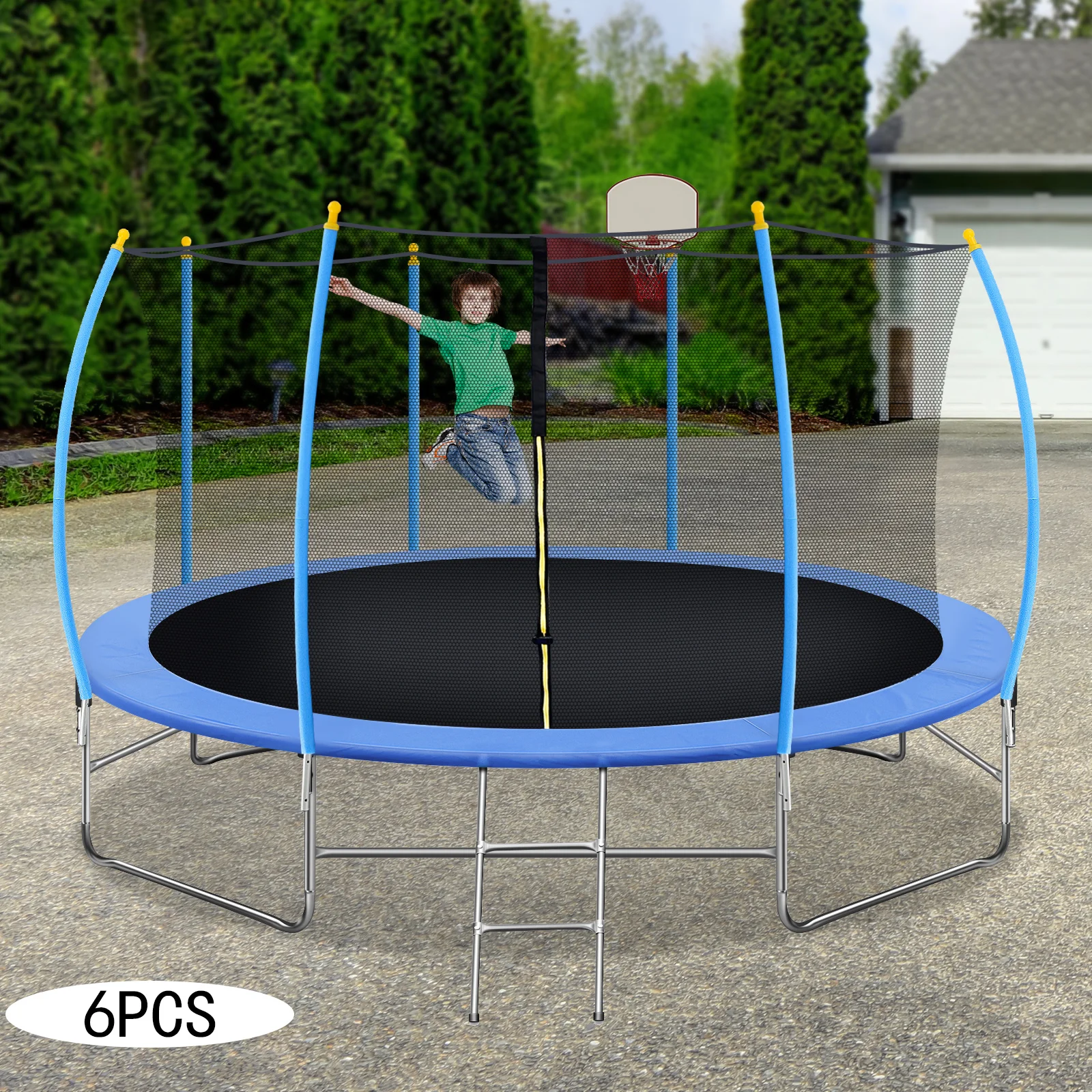 파란색 트램펄린 6개의 두꺼운 아연 도금 강철 파이프 점핑 베드 폼 커버링 가정용 놀이터 및 체육관에서 사용되는 높은 보안