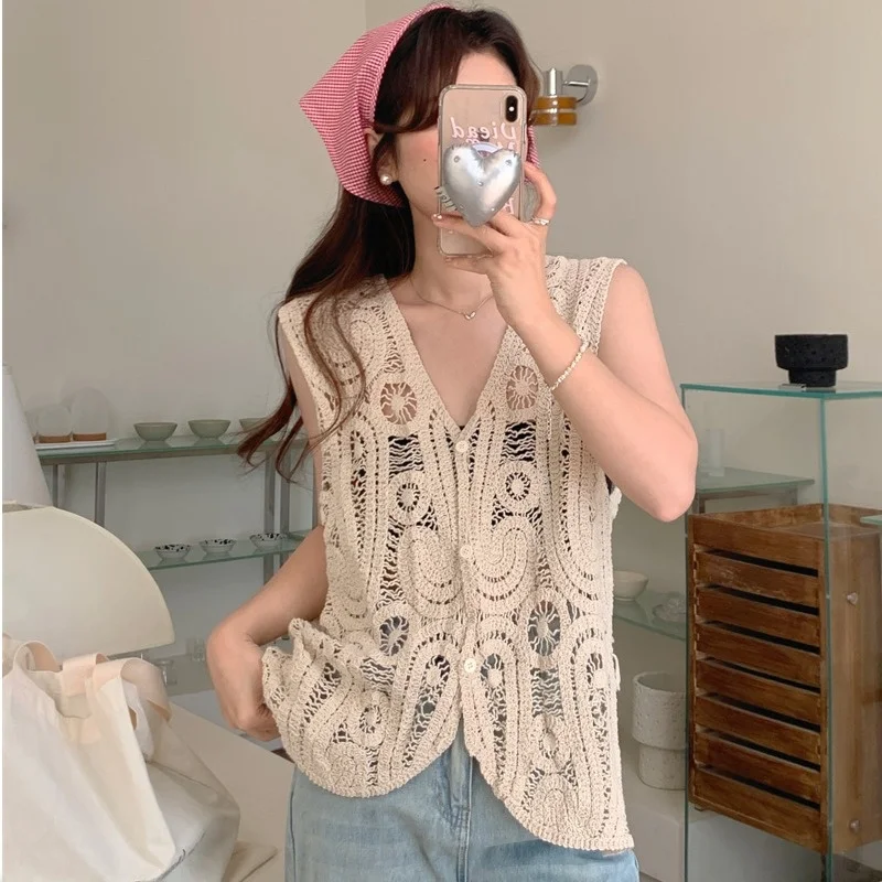 レディース ホローアウト イレギュラー ベスト 韓国風 スリム ショルダーフック フラワー アウル トップス アウター 夏 ファッション