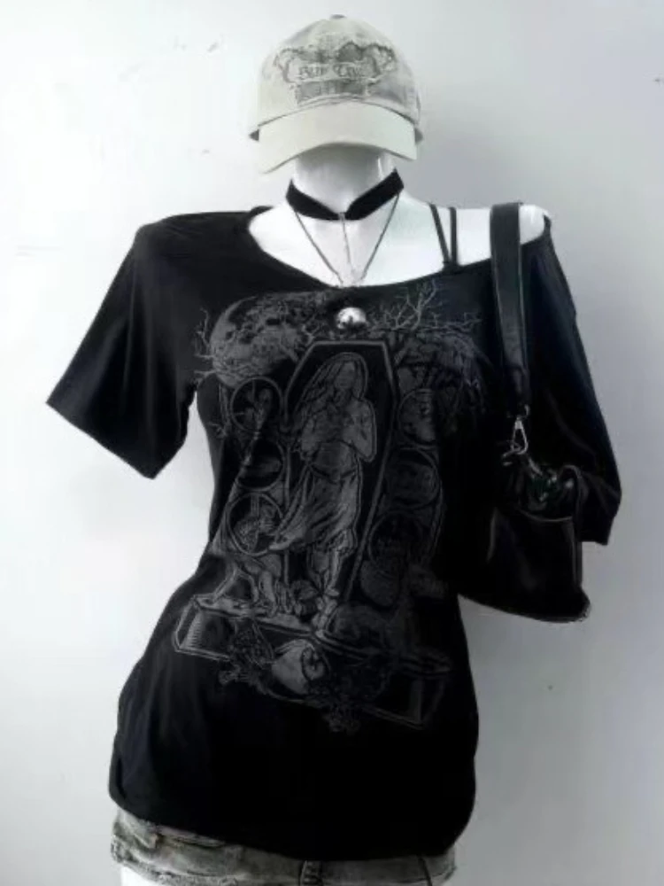 

Американские винтажные женские укороченные топы Y2k, футболка из двух предметов, уличная одежда в стиле хип-хоп, готический Harajuku, черный череп, летние футболки в стиле панк