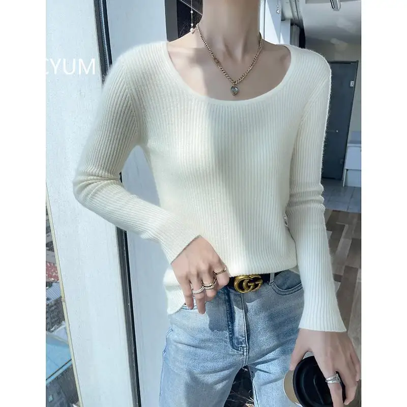 Autumn/Winter New Women's Sweater 100% Merino Wool Knitted Sweaters Casual Bottoming Shirt Basic Slim U Neck Jumper Tops