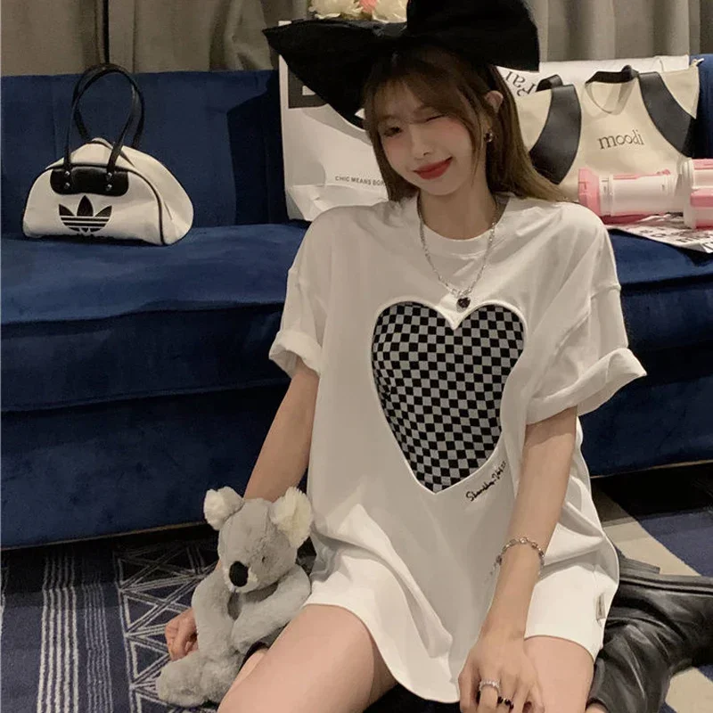2025 Heart Hollowed Out Top Women New Loose Printed Plaid Korean Solid O-neck Oversized T-Shirt Halter T-shirt Two-piece Set