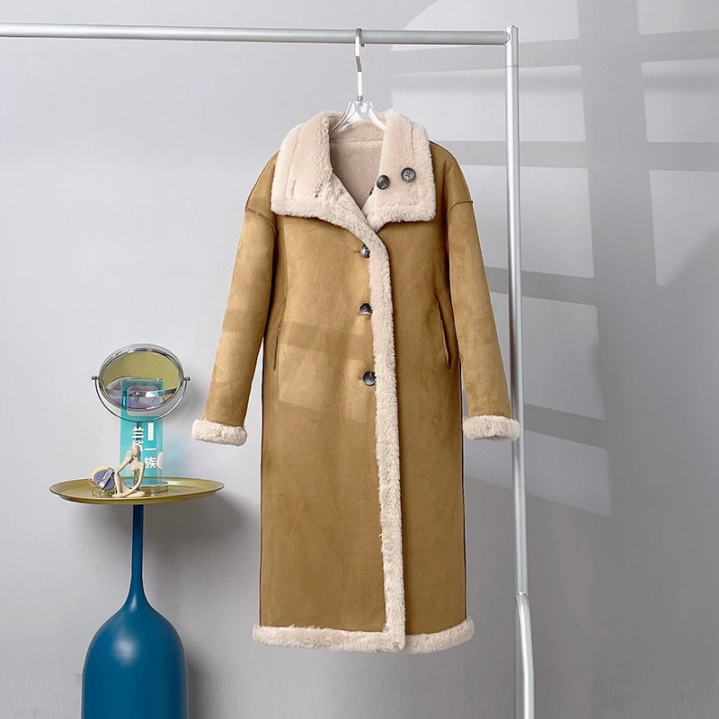 Abrigo de lana de cordero de doble cara para mujer, abrigo largo de piel de oveja para niña, Parka de invierno para joven, PT350