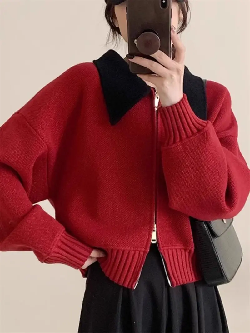 Retro Contrasting Color Lapel Double Zipper Sweater Jacket For Women In Spring 2025 Fashion Shiny Knitted Cardigan Coat A467