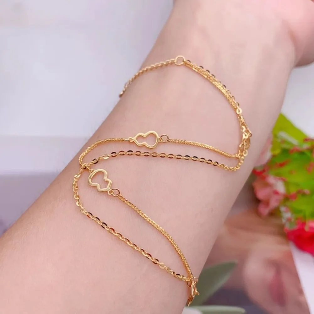 Real Pure 18K Yellow Gold Chain Women Lucky Double Gourd Wheat O Link Bracelet 16+3cm