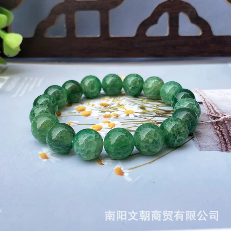Green Dragon Scale Agate Round Bead Single Strand Ice Flower Bracelet for Men and Women 1.0