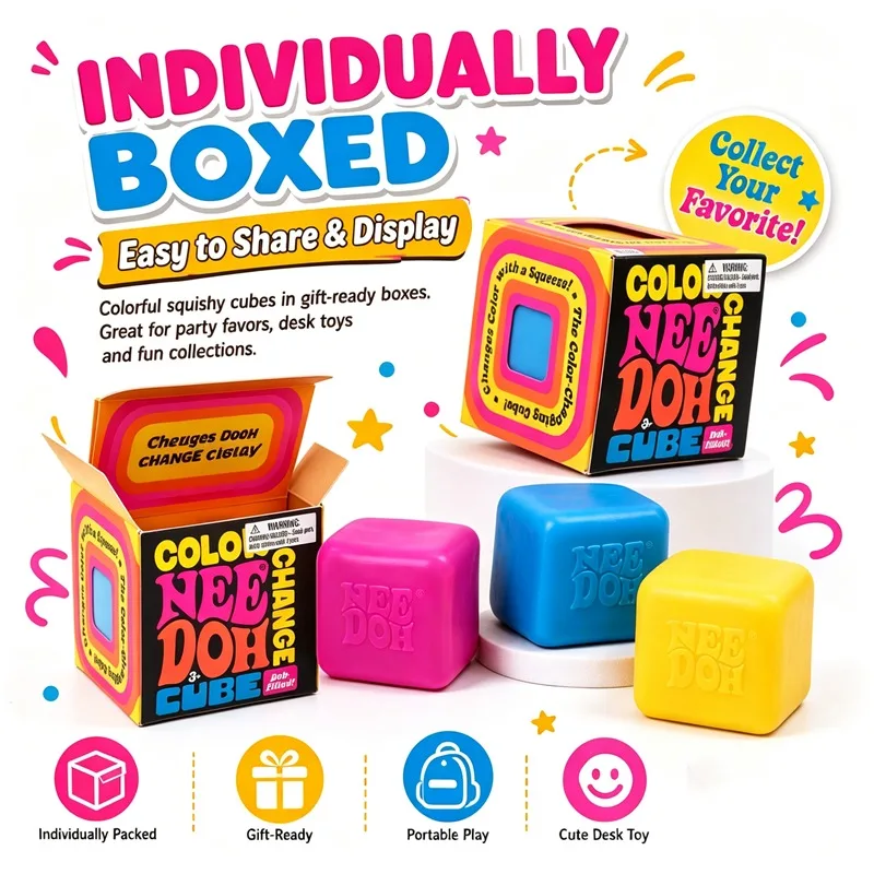 Needoh Schylling Color Change Cube Squeeze Squishy Fidget Toy Dough Filled Fast Rebound Stress Relief Anxiety Calming for Adults