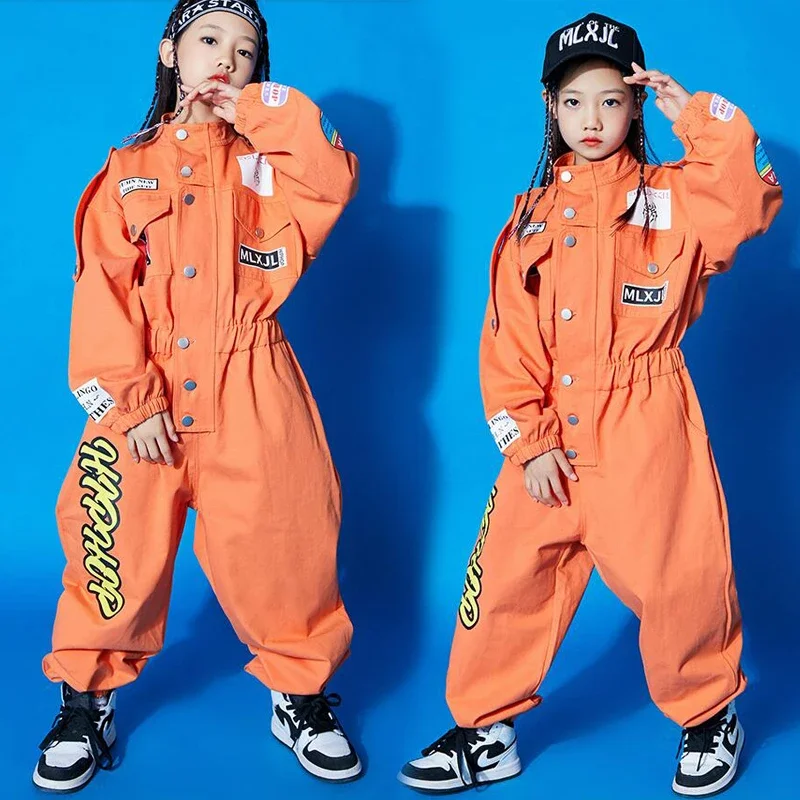 子供のための半袖ジャンプスーツ,ヒップホップの服,オレンジのダンガリー,男の子のためのジャズダンスの衣装,女の子のためのダンスウェア