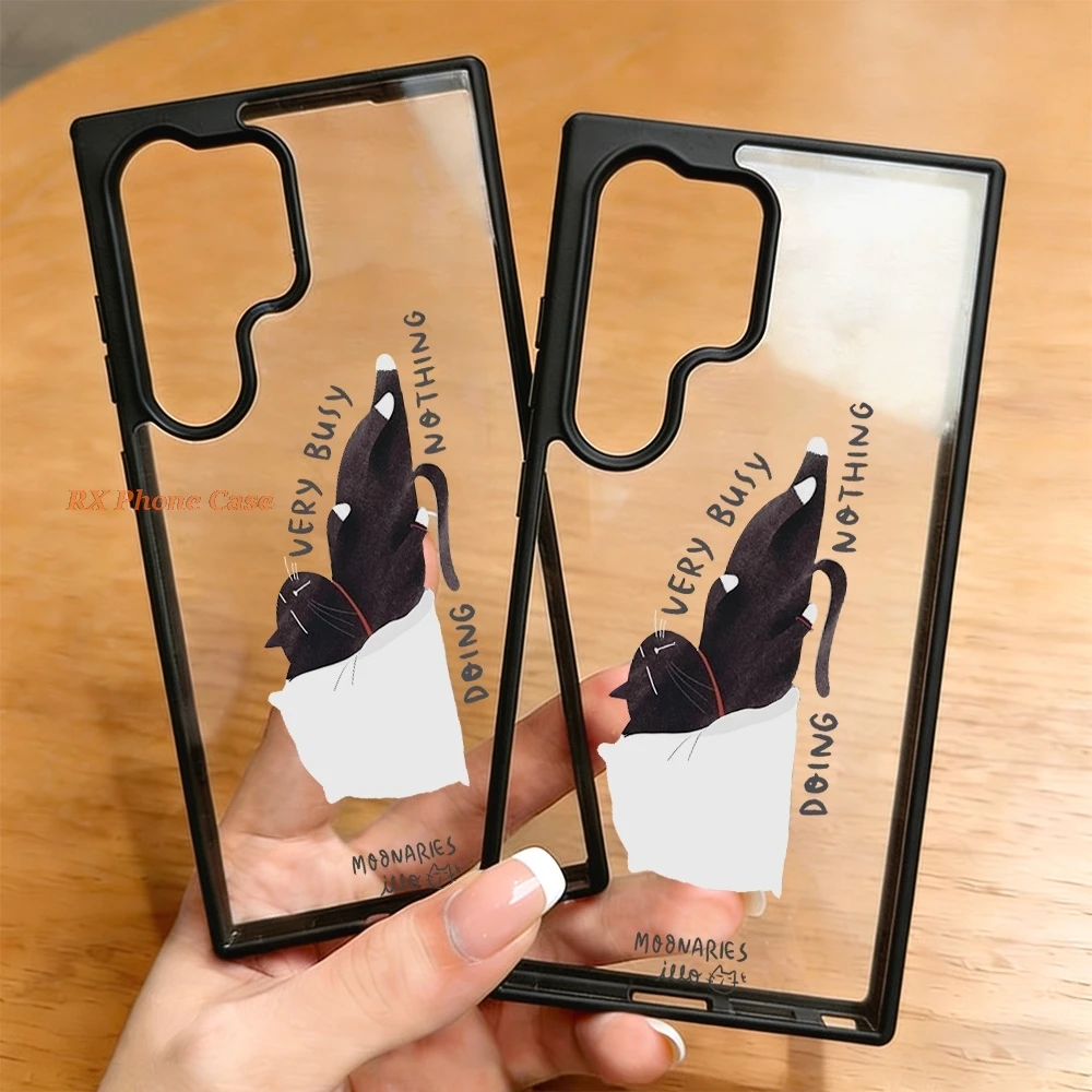 Carefree Lie flat Cat Pattern Clear Phone Case For Samsung S26 Ultra S25 Ultra A56 A57 S24 FE S23 A37 A18 Acrylic With Lanyard