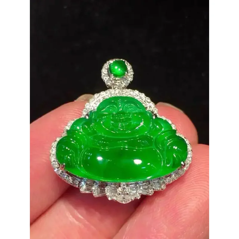 Ice-Like Sun Green Buddha pingente, ouro 18k, água jade embutidos, delicado e completo