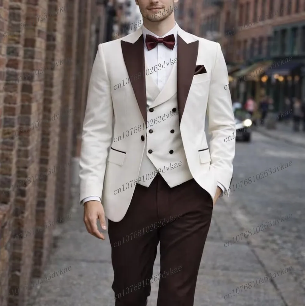 

New White And Dark Brown Men Suit Wedding Party Formal Groom Groomsman Prom Business Male Tuxedos 3 Piece Set Jacket Vest Pants