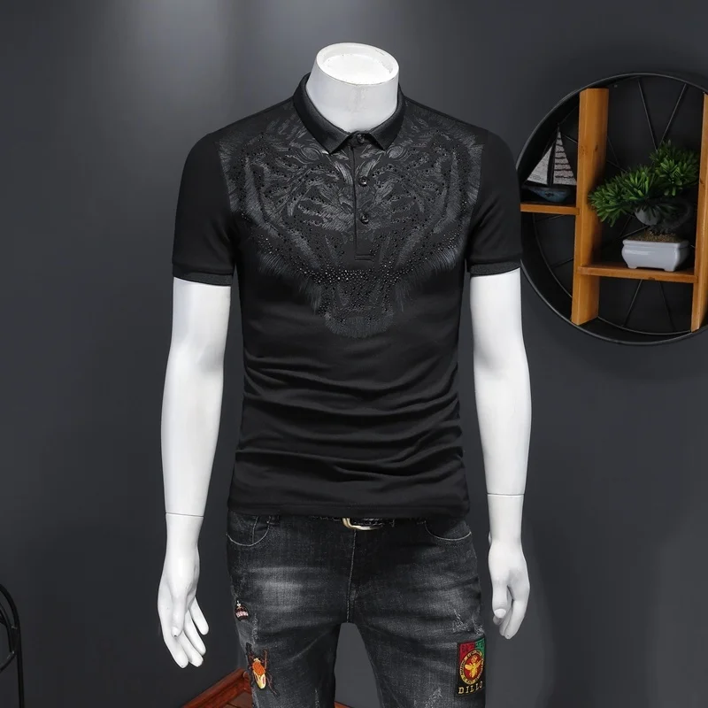 Polo Camisa Pearl Cotton Polo Shirt Lapel Tiger Print Polo Men Shirt Black Men Fashion Short Sleeved Polo Shirt Breathable Polo