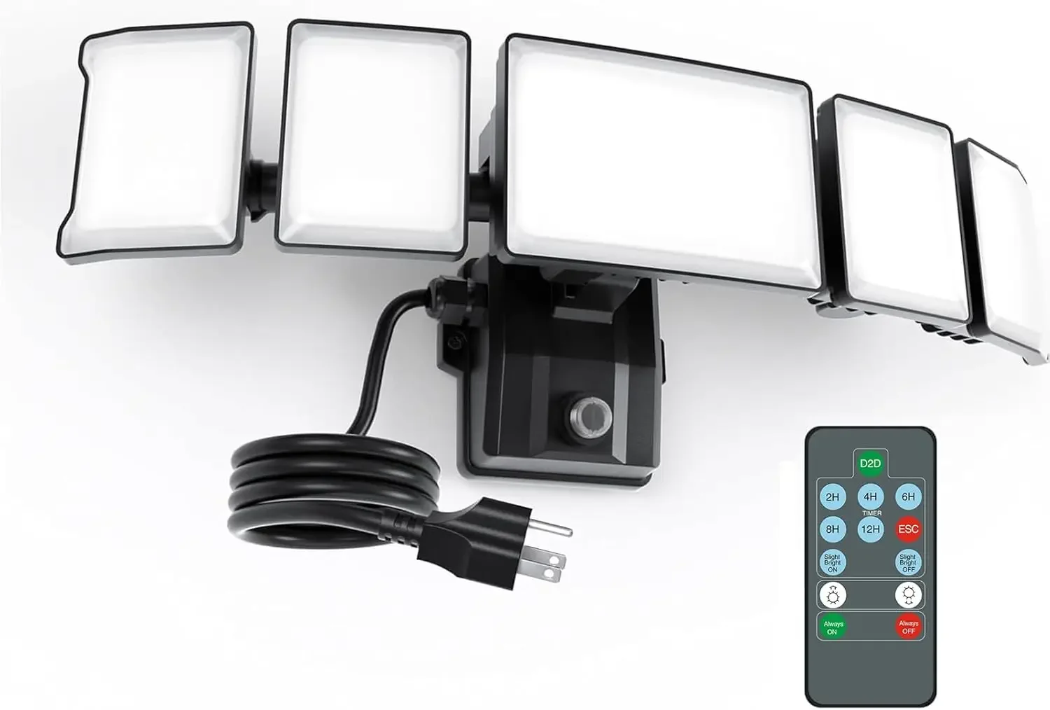 

120W Plug in Flood Light Dusk to Dawn with Remote, 5 Adjustable Heads, IP65 Waterproof LED Security Light for Yard Garden Porch Black