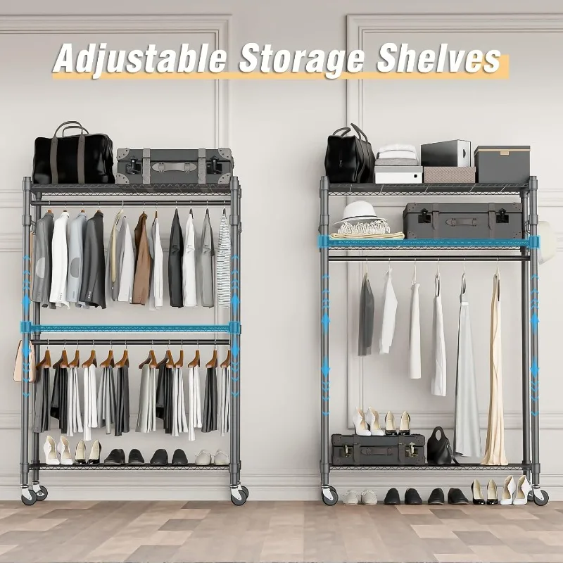 2025  (One Pair Hook and Two Hanging Rods Gray)3 Shelves Wire Shelving   Rack with Wheels and Side Hooks