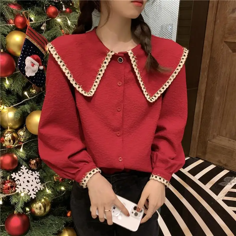 Shirts Women Lovely Vintage Prevalent Design Long Sleeve All-match Peter Pan Collar Autumn Elegant Stylish Tender Korean Style