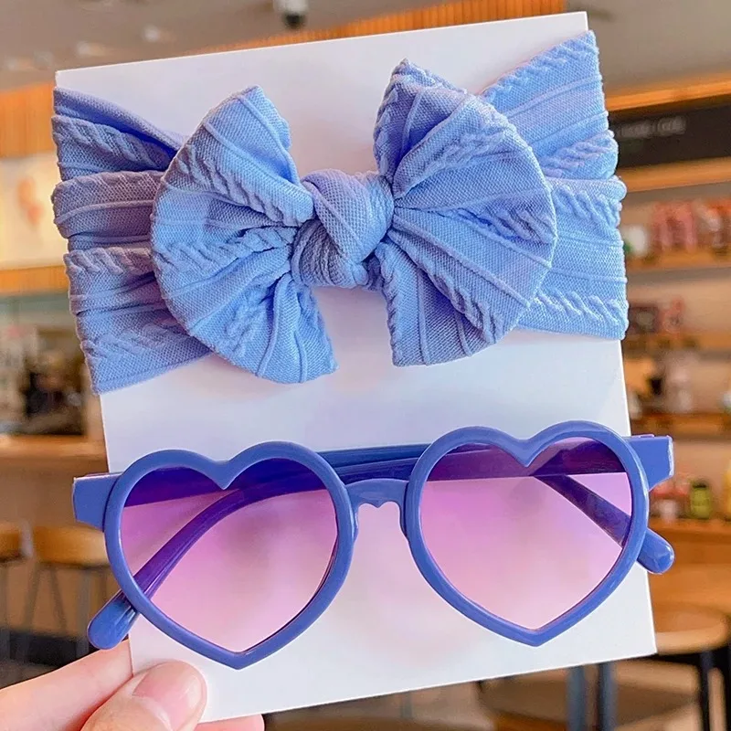 2 Teile/satz Neue Kinder Nette Farben Weiche Bowknot Breite Haarbänder Mode Runde Blume UV400 Sonnenbrille Set Kinder Haar Zubehör – Detail 5