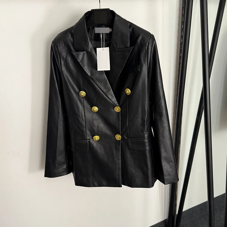 Elegante Giacca in Pelle PU Slim Fit Autunno/Inverno, Manica Lunga, Doppiopetto con Bottoni Dorati