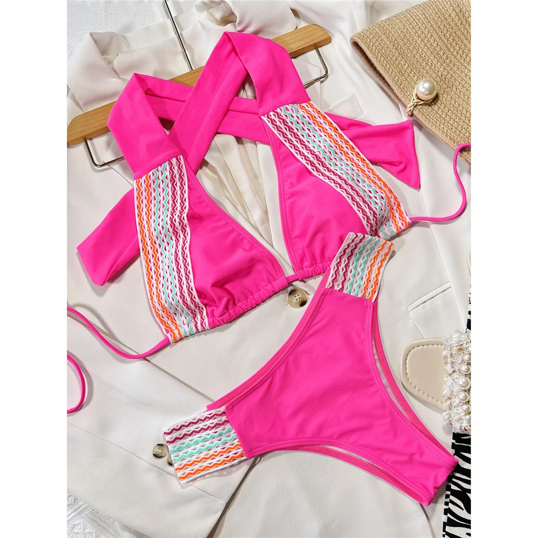 Sexy Splicing Neckholder Bikini mit mittlerer Taille, Damen-Badebekleidung, zweiteiliger Bikini-Set, gepolsterter Badeanzug, Badeanzug, Schwimmanzug V4273 – Detail 3