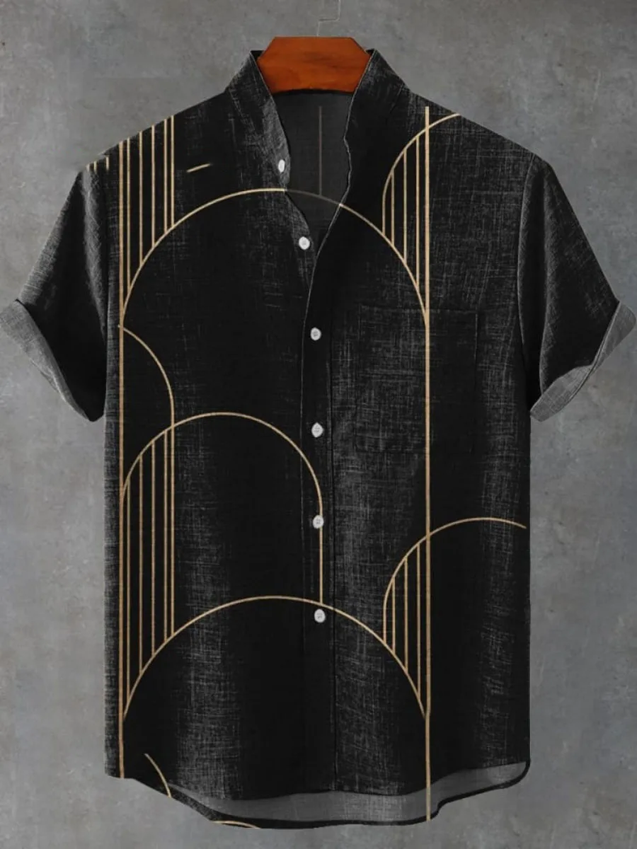 The new short-sleeved linen shirt with a simple artistic print pattern is a comfortable button-down casual top for men in summer