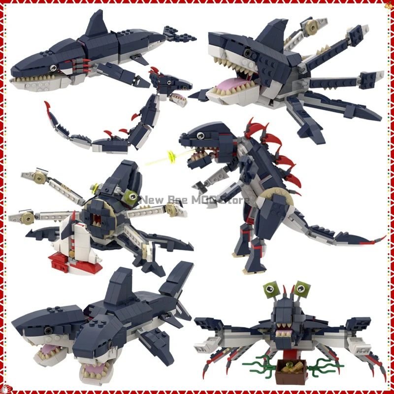 

MOC Ocean Animal Shark Block Set Deep Sea Monster Sea Snake Двуглавая модель акулы DIY Детские сборные игрушки Подарок на день рождения для мальчика