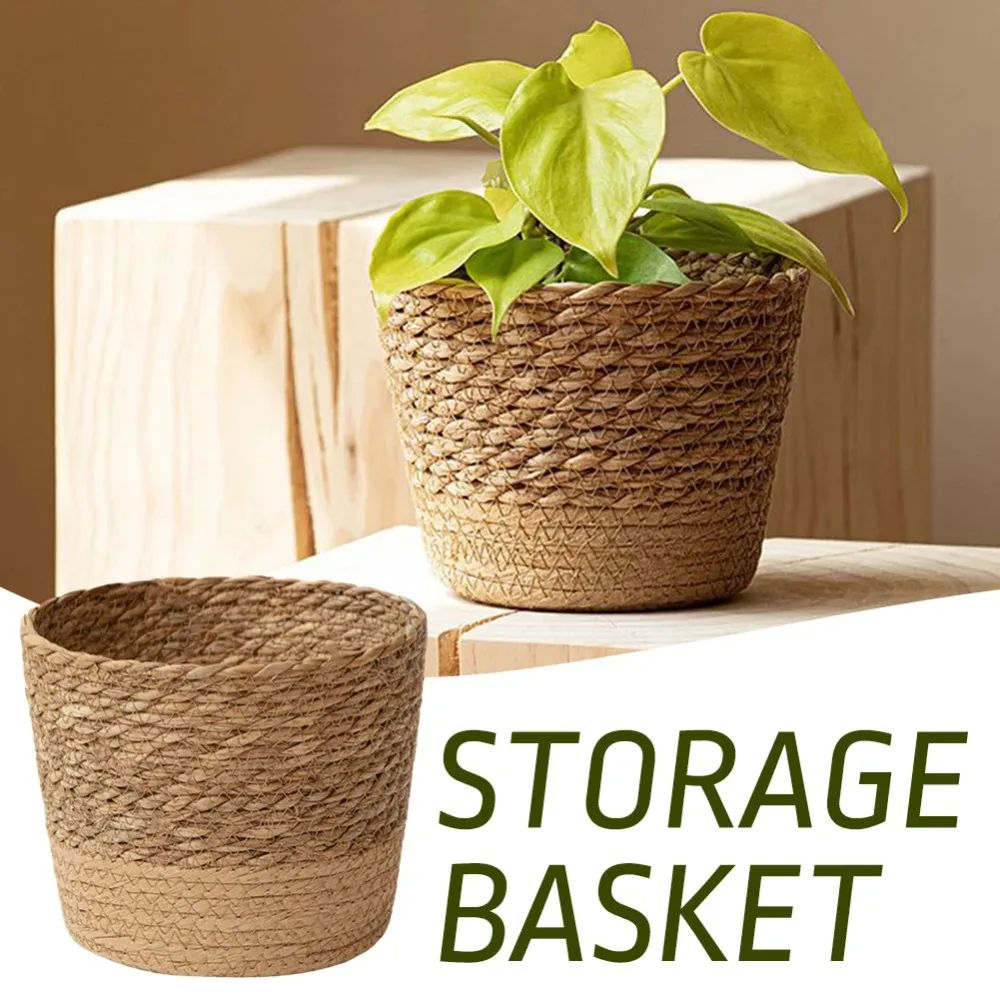 New Handmade Flower Plant Pot Straw Weaving Rattan Straw Wicker Basket Round Flowerpot Storage Basket Indoor Outdoor