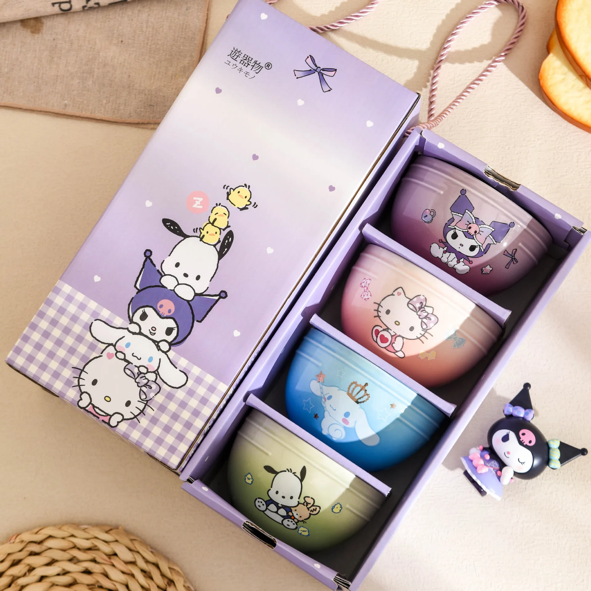 

Sanrio мультяшная керамическая чаша, подарочная коробка, набор Hellokitty Kawaii Move House, подарок для домашнего завтрака, набор столовых приборов с героями мультфильмов аниме