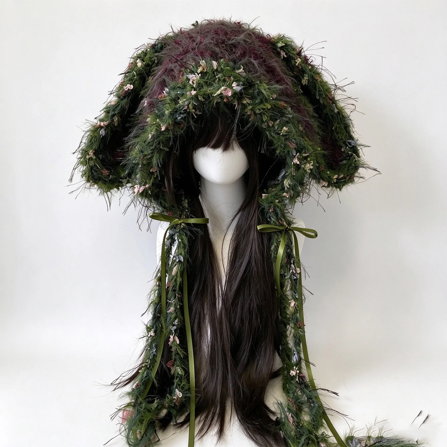 Handmade Moss Green Floppy Bunny Rabbit Ear Hood Hat Women Custom Crochet Plush Knit Beanie Girls Woodland Goblin Cosplay Cap