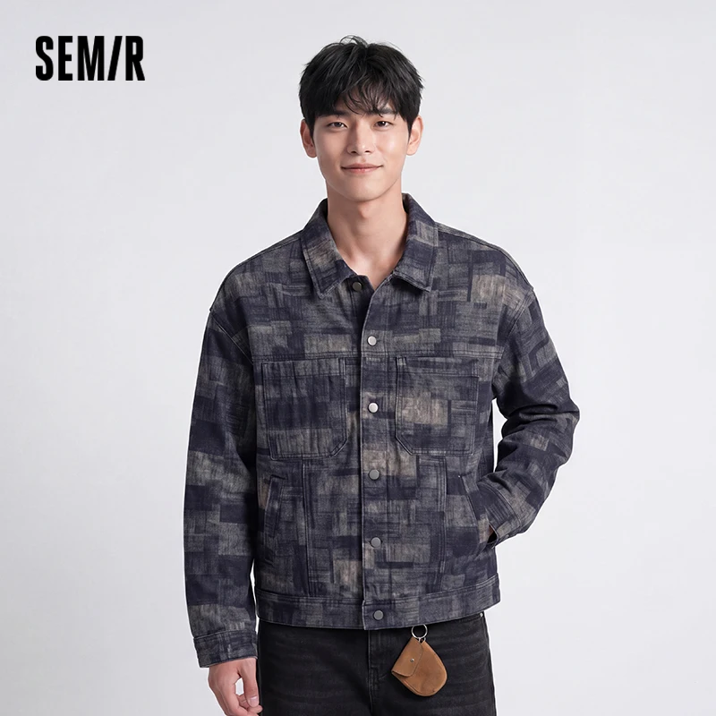Semir Men Jacket Denim Retro Loose Lapel Utility Pocket Street Casual Style Autumn Outerwear Urban Daily Wear 2026