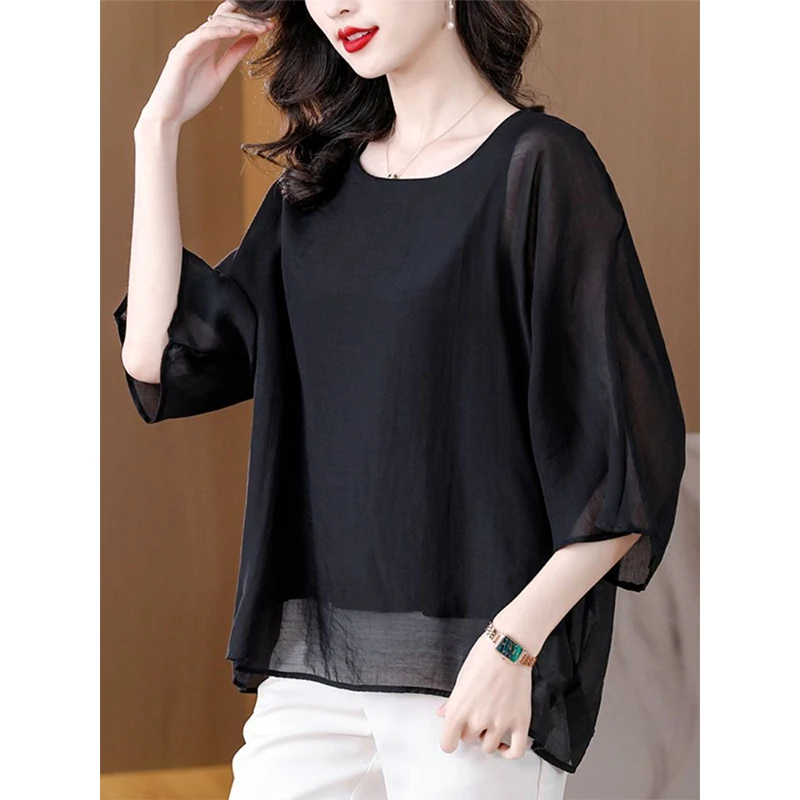 Women Summer Casual Fashion Loose Patchwork Solid Color O-neck 3/4 Sleeve Chiffon Shirts Women Clothes Elegant All-match Top Tee